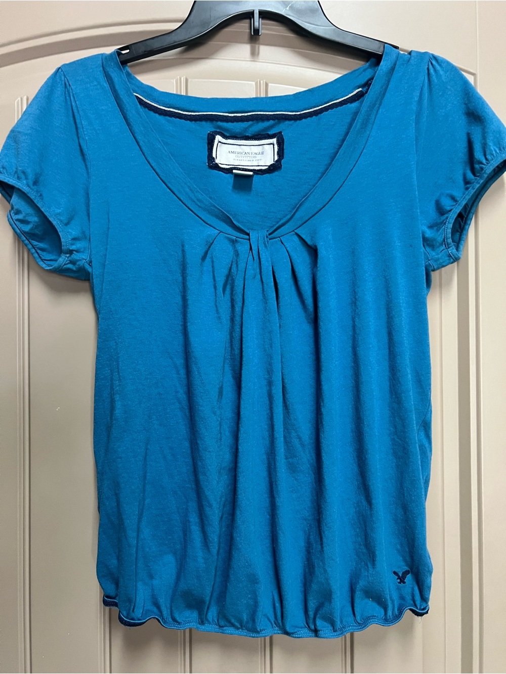 American Eagle Outfitters Bright Teal Short-Sleeve Pleated Scoop Neck Top